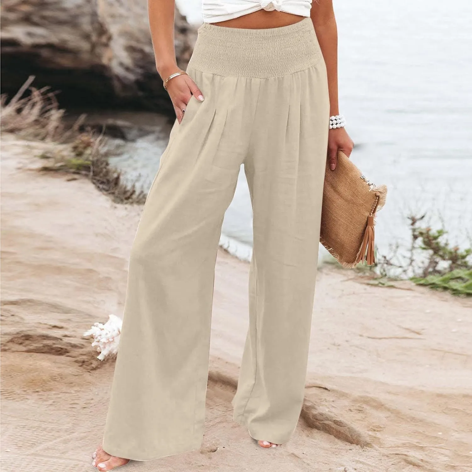 Womens Linen Pants Elastic High Waisted Wide Leg Palazzo Trousers Casual Loose Beach Vacation Clothes with Pockets