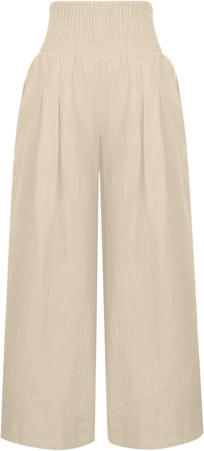 Womens Linen Pants Elastic High Waisted Wide Leg Palazzo Trousers Casual Loose Beach Vacation Clothes with Pockets