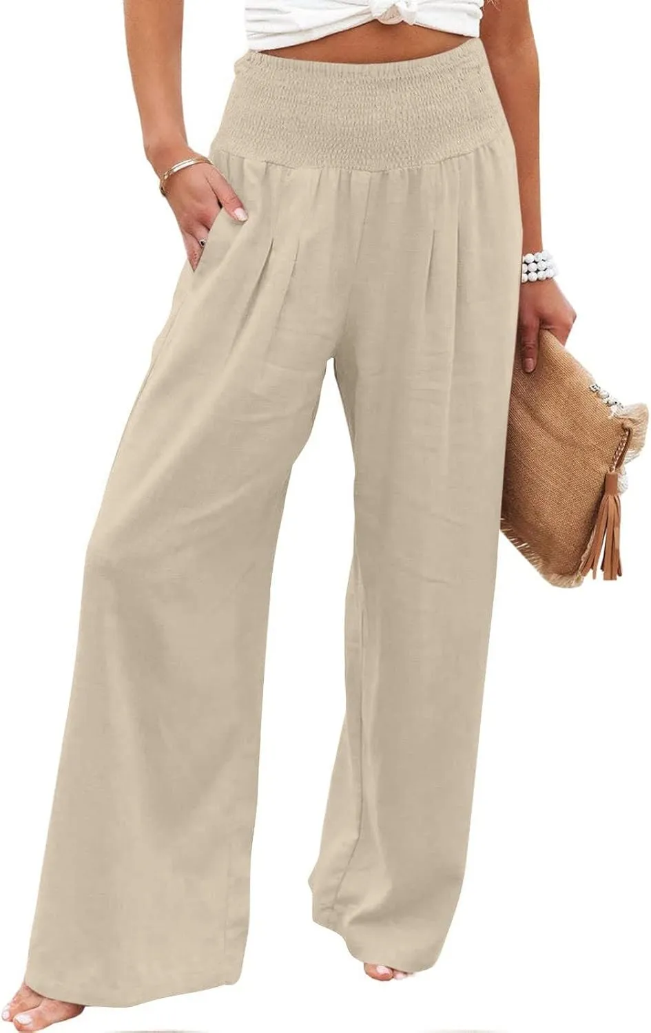 Womens Linen Pants Elastic High Waisted Wide Leg Palazzo Trousers Casual Loose Beach Vacation Clothes with Pockets