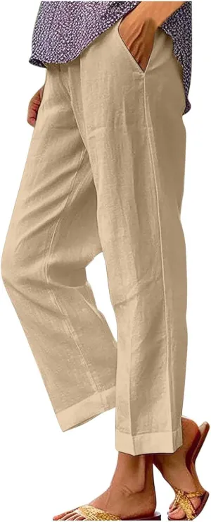 Womens Linen Pants Palazzo Wide Leg Slacks Loose Comfy High Waisted Cotton Linen Pants 2025 Summer Casual Trousers