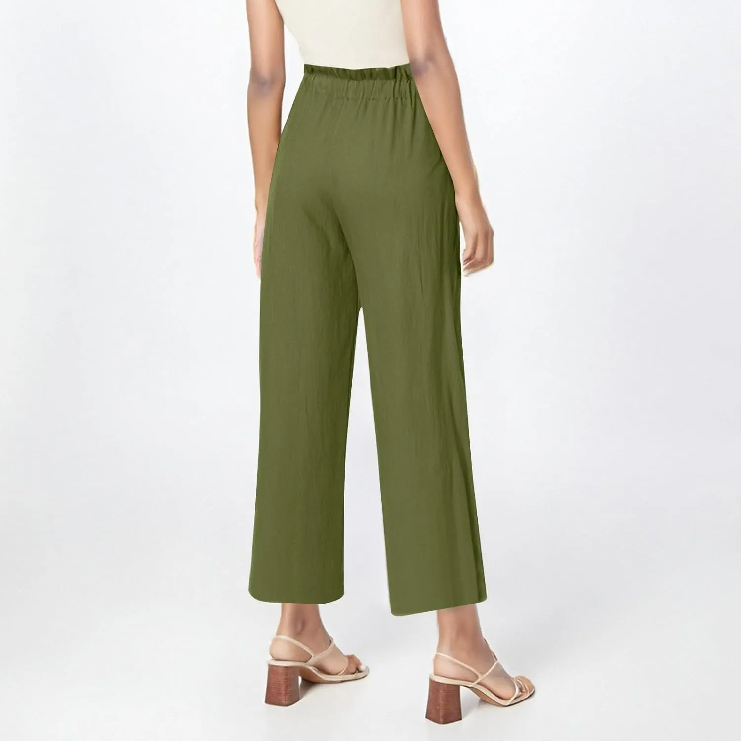 Womens Linen Pants Summer Casual High Waist Wide Leg Palazzo Pant Drawstring Lightweight Loose Beach Cropped Trousers
