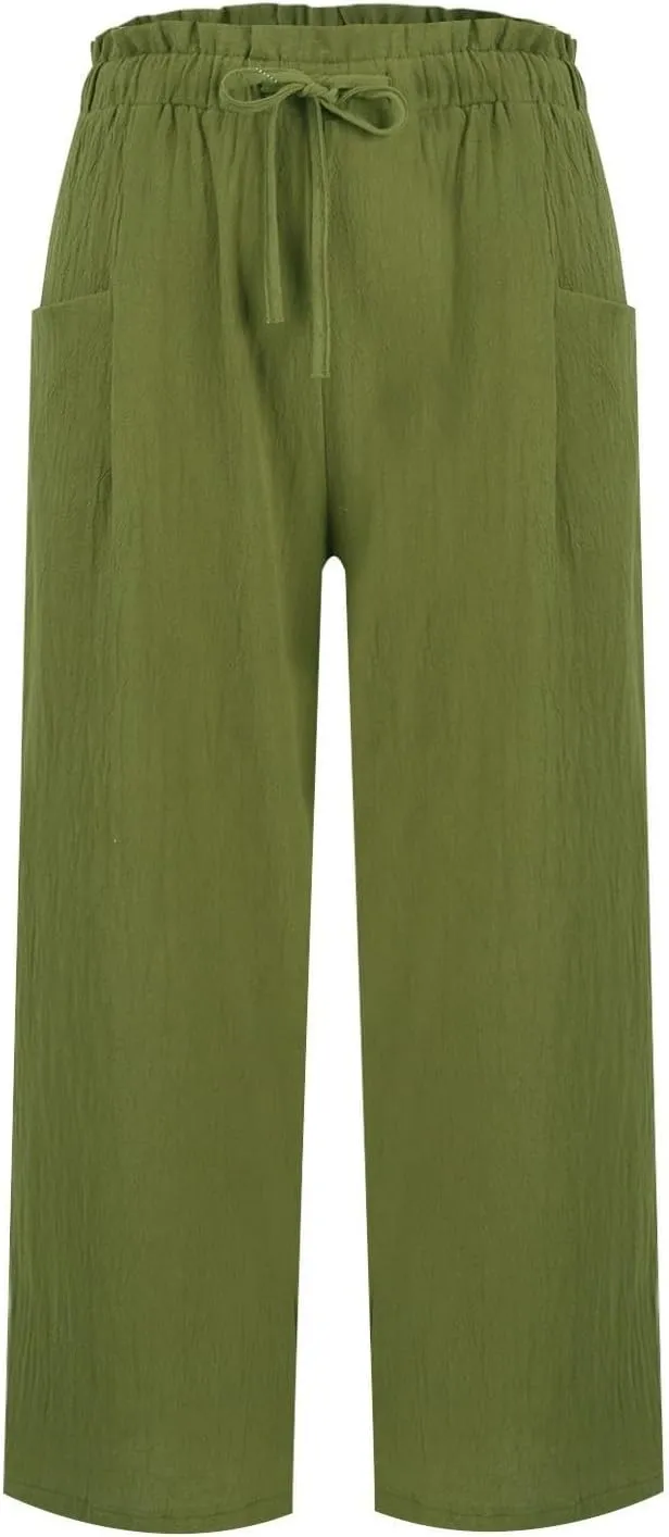 Womens Linen Pants Summer Casual High Waist Wide Leg Palazzo Pant Drawstring Lightweight Loose Beach Cropped Trousers