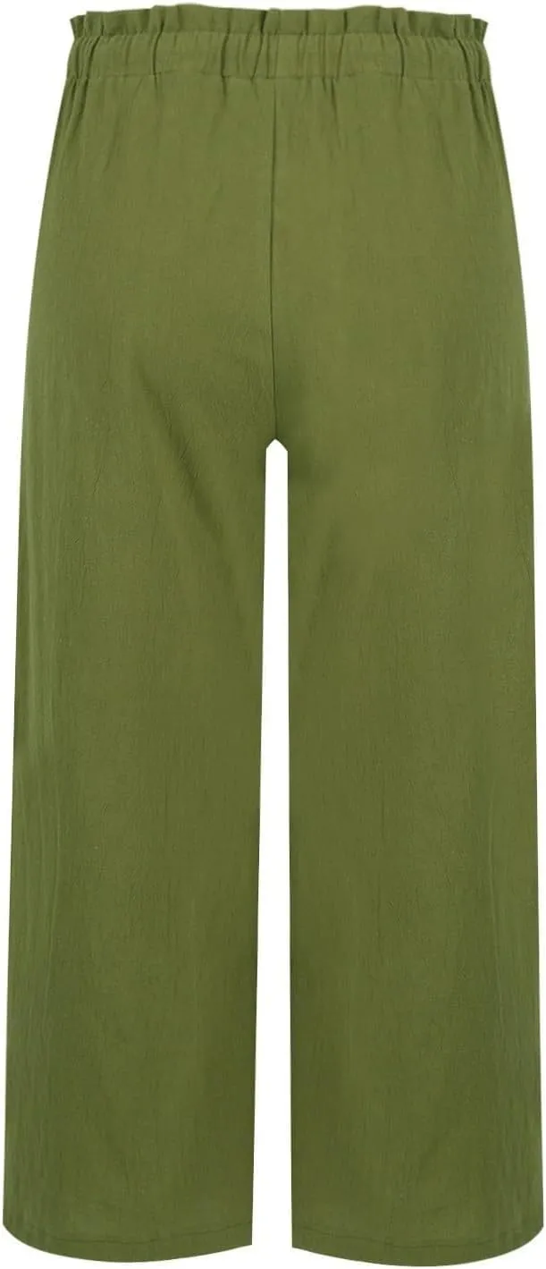 Womens Linen Pants Summer Casual High Waist Wide Leg Palazzo Pant Drawstring Lightweight Loose Beach Cropped Trousers