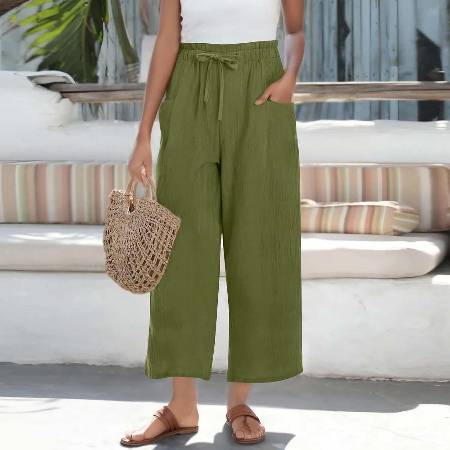 Womens Linen Pants Summer Casual High Waist Wide Leg Palazzo Pant Drawstring Lightweight Loose Beach Cropped Trousers