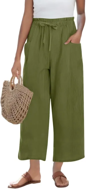 Womens Linen Pants Summer Casual High Waist Wide Leg Palazzo Pant Drawstring Lightweight Loose Beach Cropped Trousers
