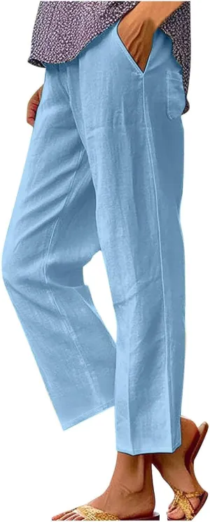 Women's Linen Pants with Pockets High Waist Comfy Slacks Casual Pants Lightweight Loose Trousers Beach Cropped Pant
