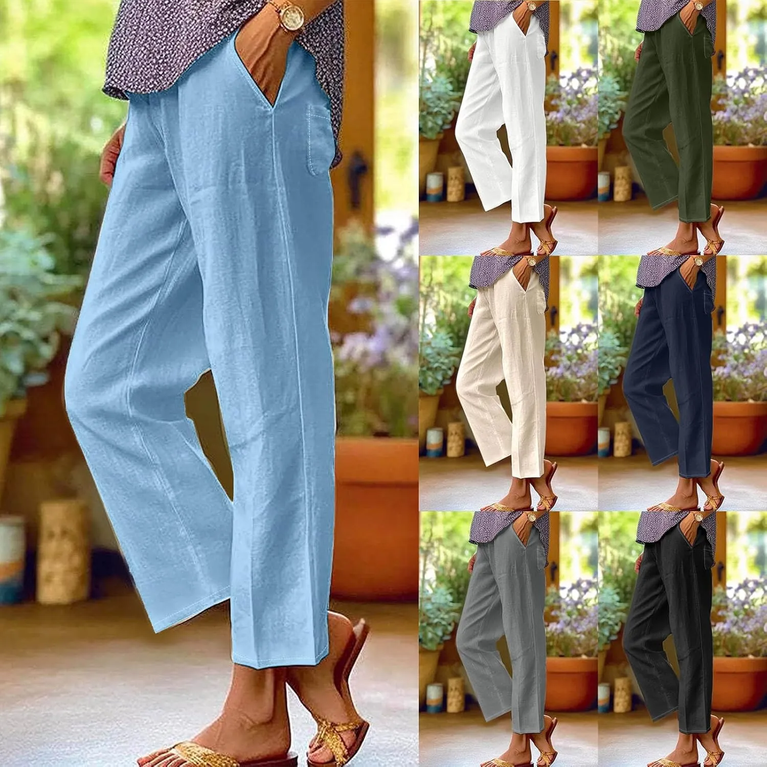 Women's Linen Pants with Pockets High Waist Comfy Slacks Casual Pants Lightweight Loose Trousers Beach Cropped Pant