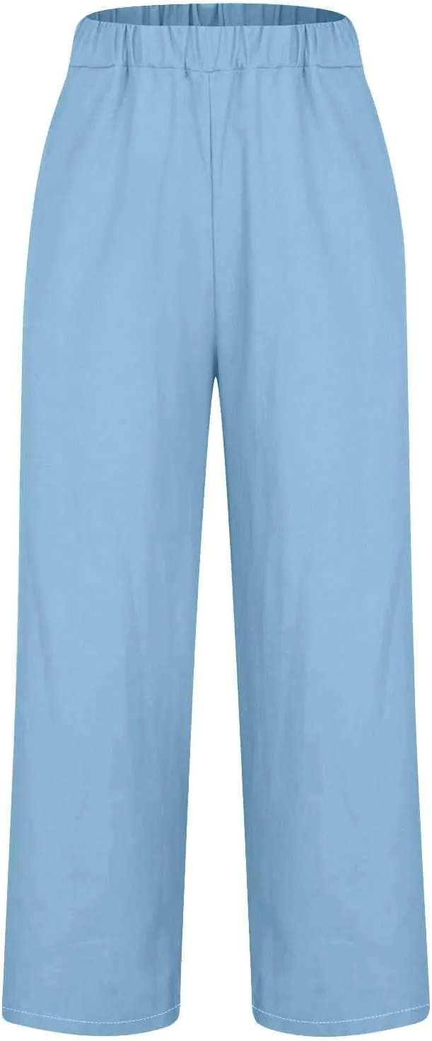 Women's Linen Pants with Pockets High Waist Comfy Slacks Casual Pants Lightweight Loose Trousers Beach Cropped Pant