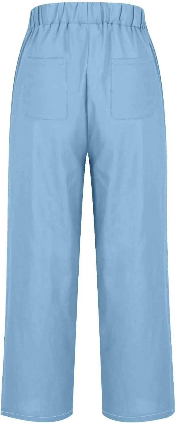 Women's Linen Pants with Pockets High Waist Comfy Slacks Casual Pants Lightweight Loose Trousers Beach Cropped Pant