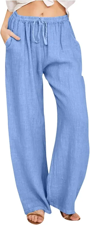 Women's Linen Summer Drawstring Pants High Waist Wide Leg Plus Size Trousers Travel