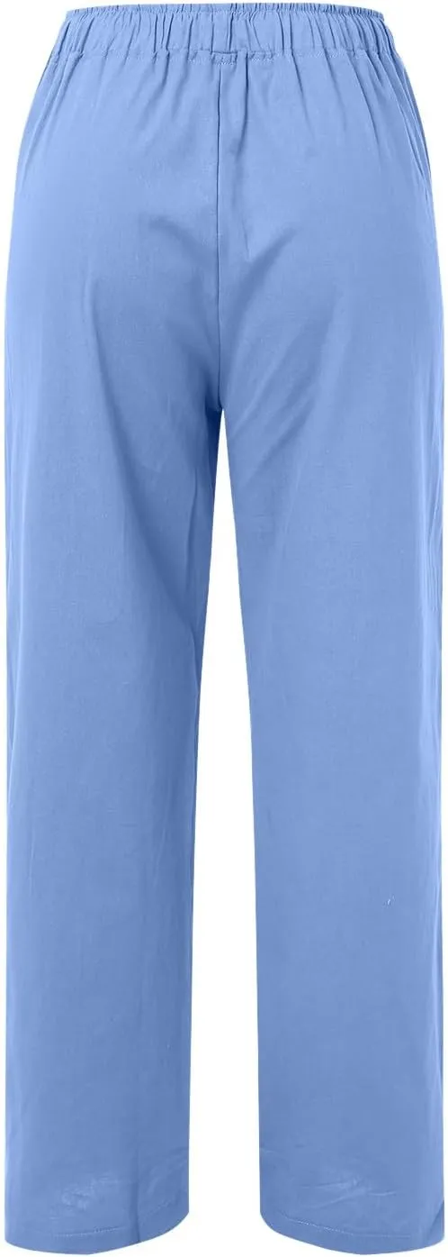 Women's Linen Summer Drawstring Pants High Waist Wide Leg Plus Size Trousers Travel