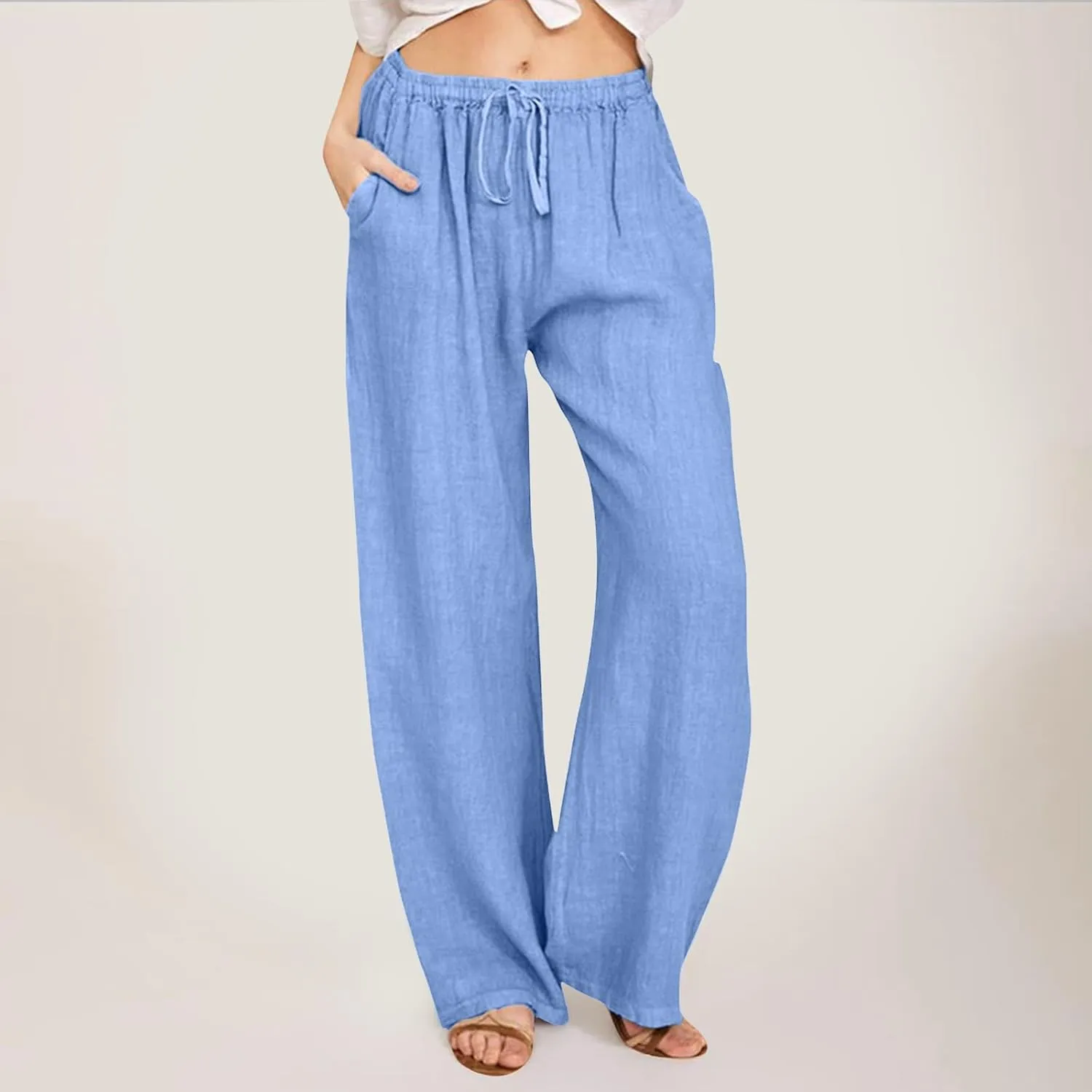 Women's Linen Summer Drawstring Pants High Waist Wide Leg Plus Size Trousers Travel