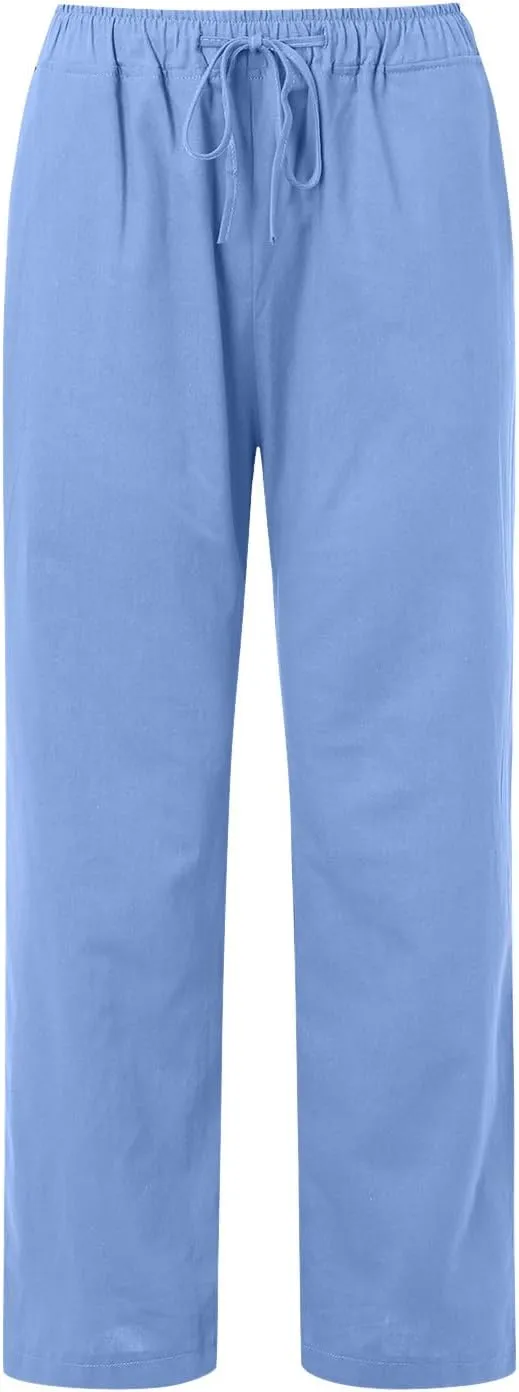 Women's Linen Summer Drawstring Pants High Waist Wide Leg Plus Size Trousers Travel