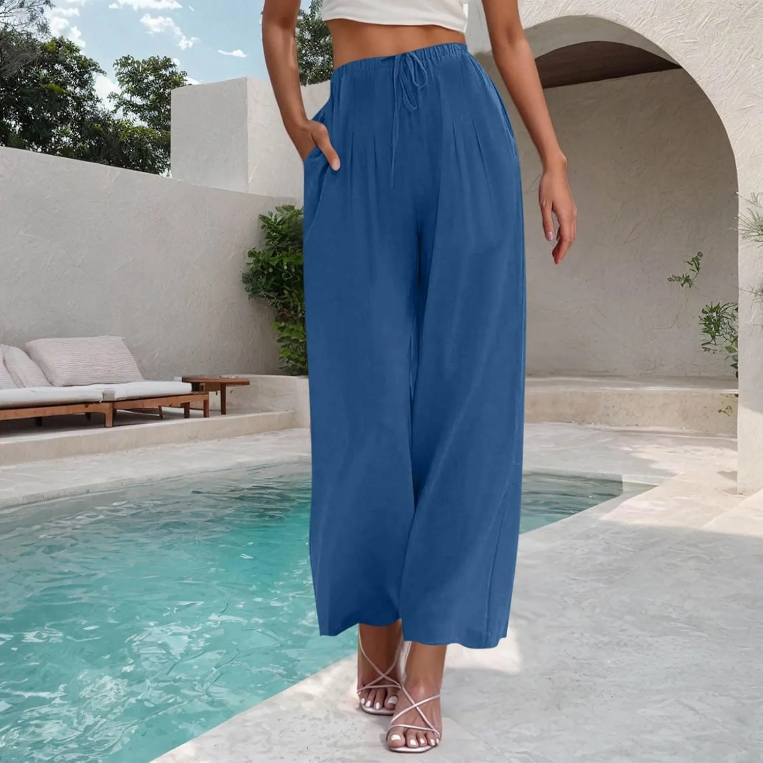Women's Linen Summer Palazzo Pants Drawstring Elastic Waist Baggy Long Pant Flowy Wide Leg Beach Trousers with Pockets