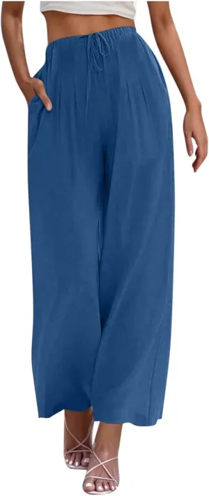 Women's Linen Summer Palazzo Pants Drawstring Elastic Waist Baggy Long Pant Flowy Wide Leg Beach Trousers with Pockets