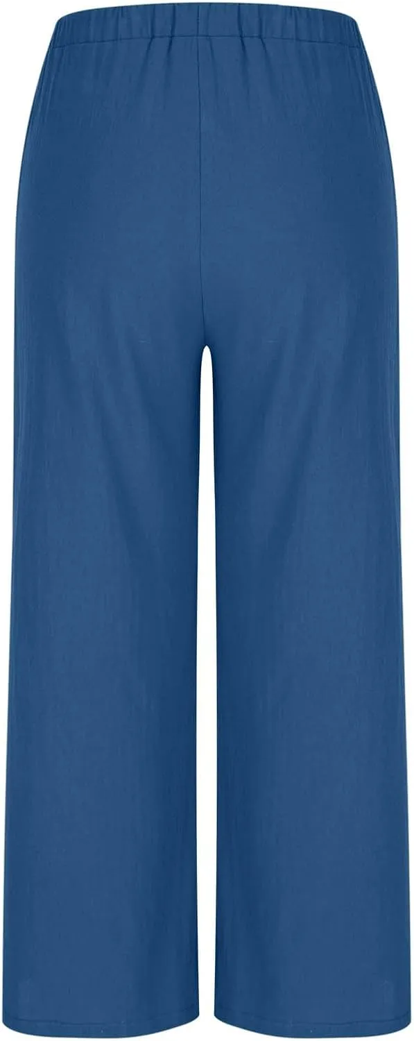 Women's Linen Summer Palazzo Pants Drawstring Elastic Waist Baggy Long Pant Flowy Wide Leg Beach Trousers with Pockets