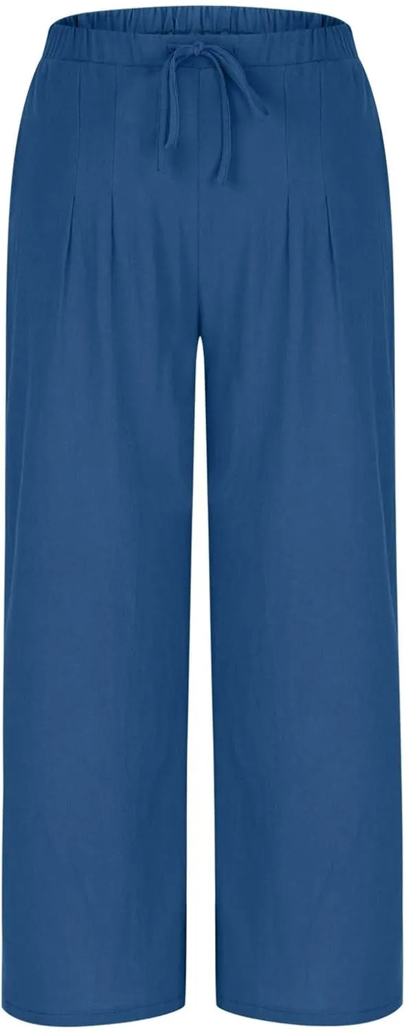Women's Linen Summer Palazzo Pants Drawstring Elastic Waist Baggy Long Pant Flowy Wide Leg Beach Trousers with Pockets