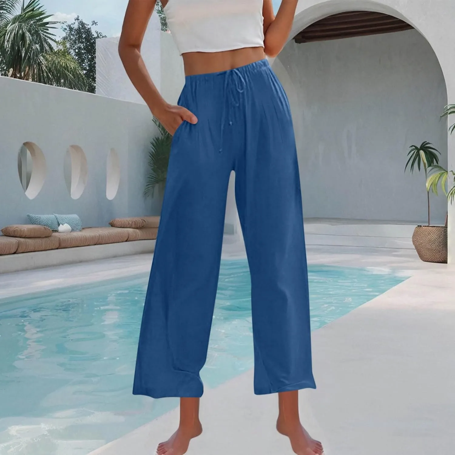 Women's Linen Summer Palazzo Pants Drawstring Elastic Waist Baggy Long Pant Flowy Wide Leg Beach Trousers with Pockets