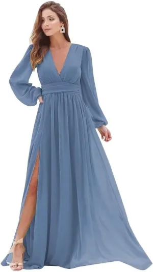 Women's Long Sleeve Bridesmaid Dresses with Slit Long Ruched Formal Evening Party Gown