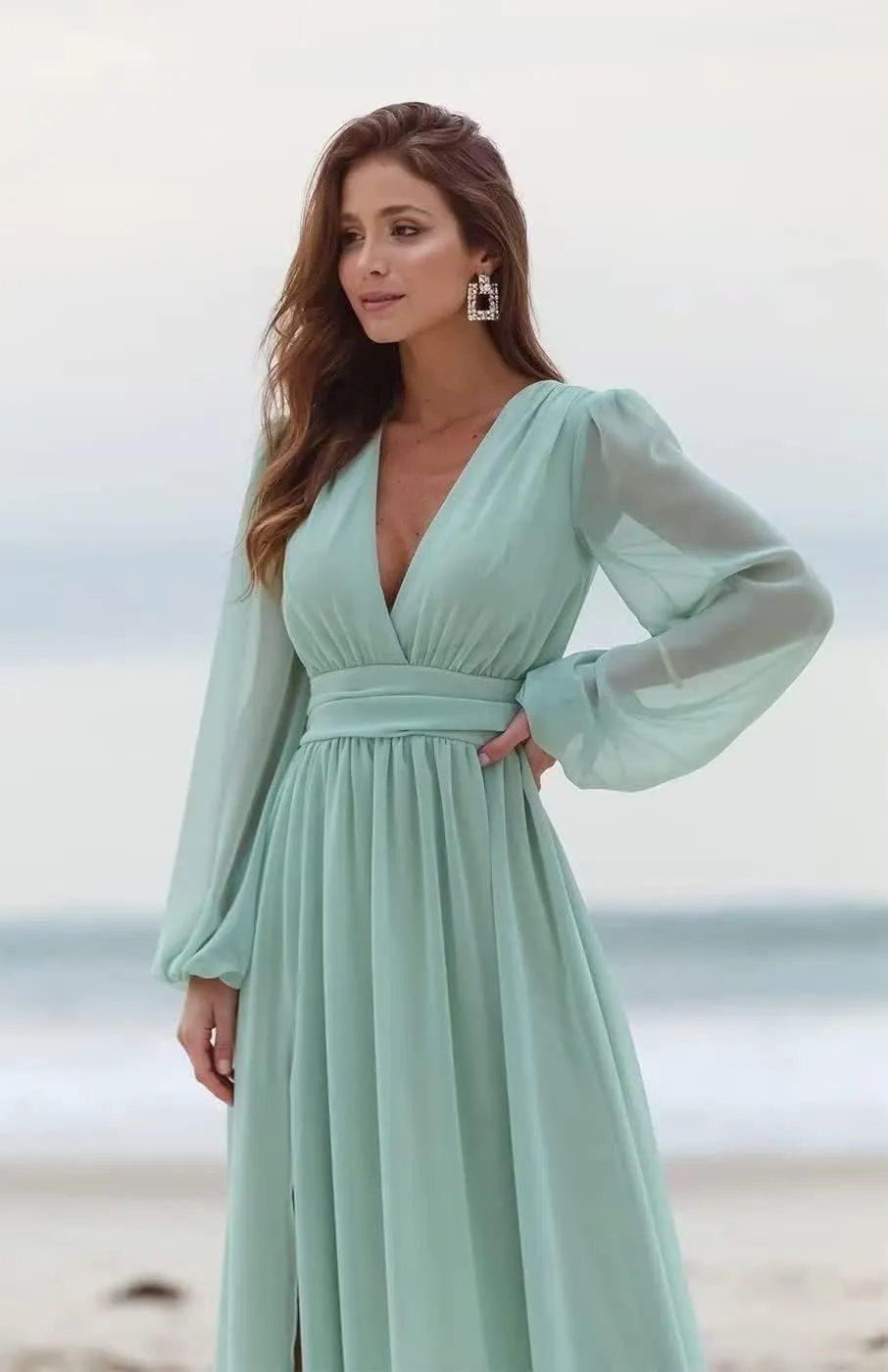 Women's Long Sleeve Bridesmaid Dresses with Slit Long Ruched Formal Evening Party Gown
