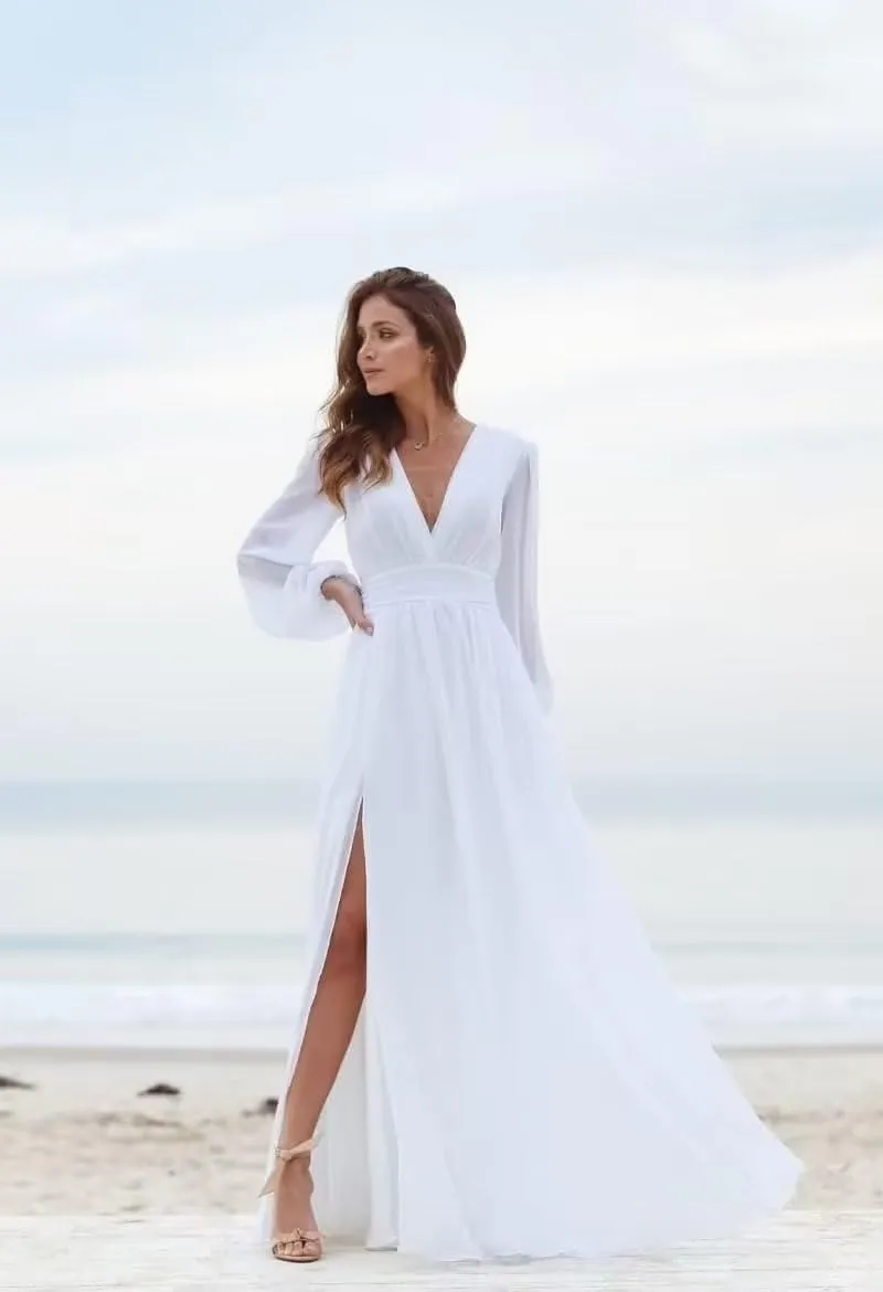 Women's Long Sleeve Bridesmaid Dresses with Slit Long Ruched Formal Evening Party Gown
