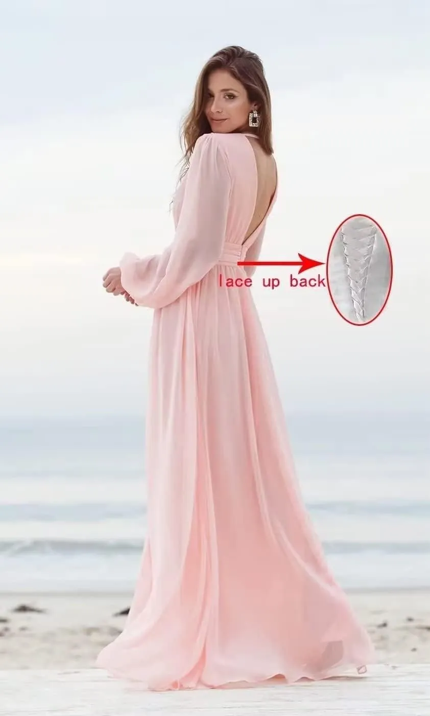 Women's Long Sleeve Bridesmaid Dresses with Slit Long Ruched Formal Evening Party Gown