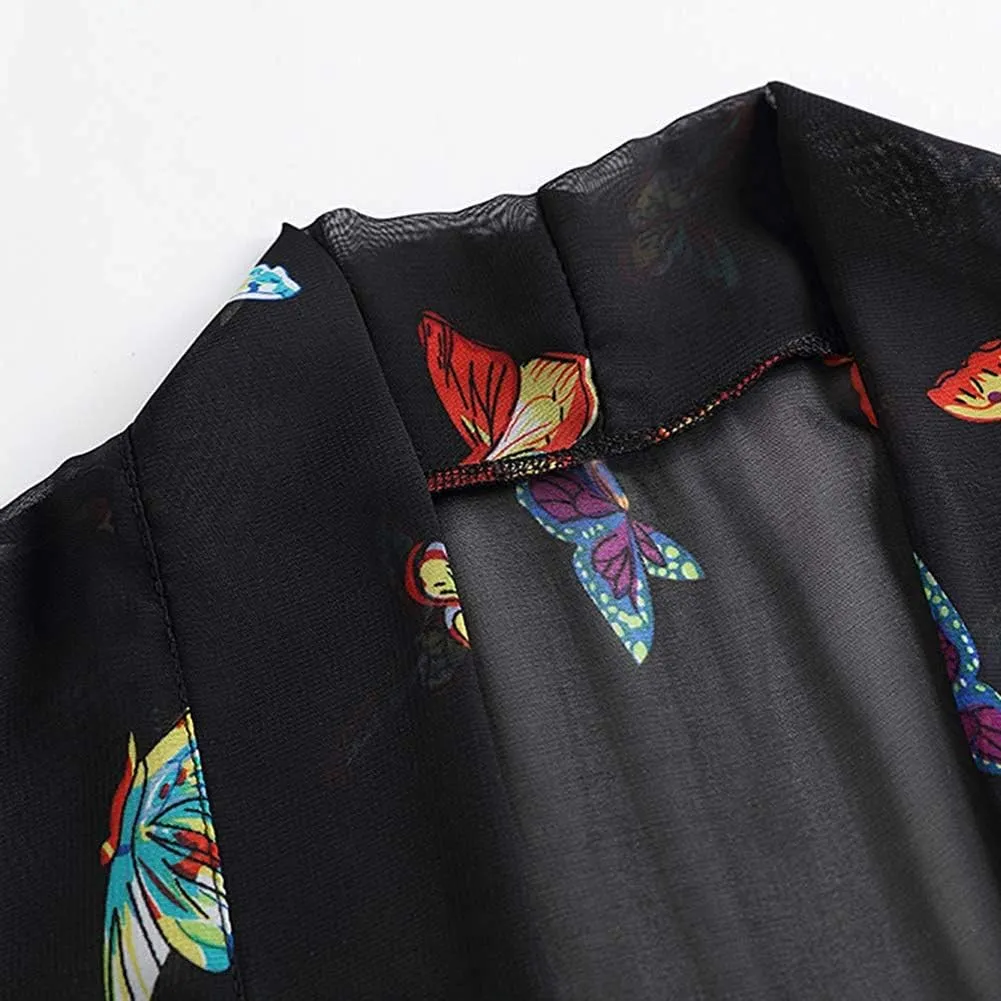 Women's Loose Print Sheer Chiffon Kimono Beach Swim Cover up Cardigan Capes Blouse Tops