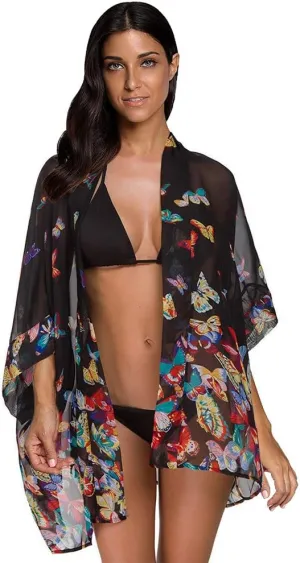 Women's Loose Print Sheer Chiffon Kimono Beach Swim Cover up Cardigan Capes Blouse Tops