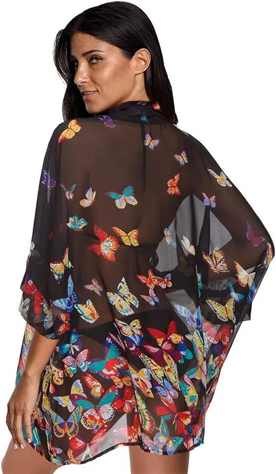 Women's Loose Print Sheer Chiffon Kimono Beach Swim Cover up Cardigan Capes Blouse Tops