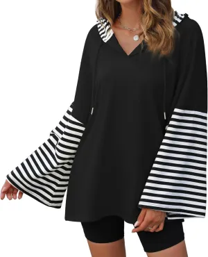 Womens Oversized Hoodie Y2K Casual Striped Sweatshirt Long Sleeve V Neck Pullover Tops Loose Fit Fall Clothes Black