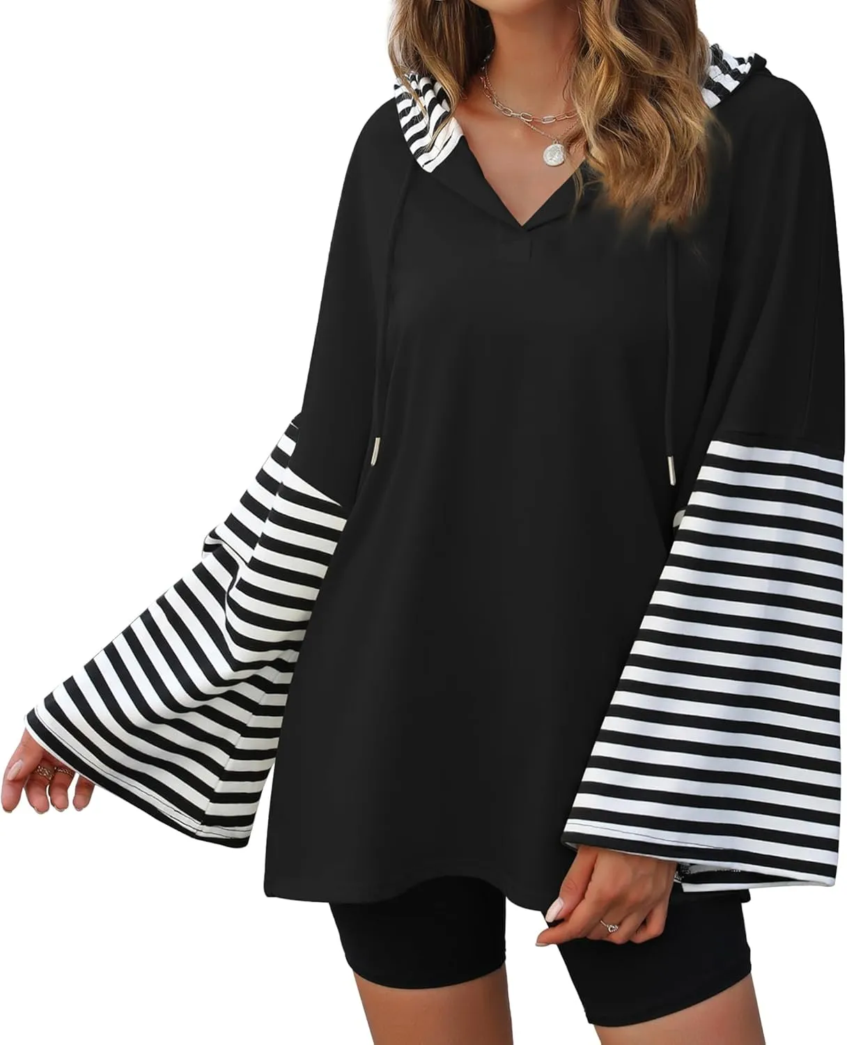 Womens Oversized Hoodie Y2K Casual Striped Sweatshirt Long Sleeve V Neck Pullover Tops Loose Fit Fall Clothes Black