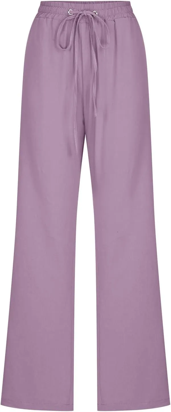 Womens Pants Dressy Casual 2024 Summer Drawstring Linen Pants Elastic Waist Trouser with Pockets Lounge Straight Pant