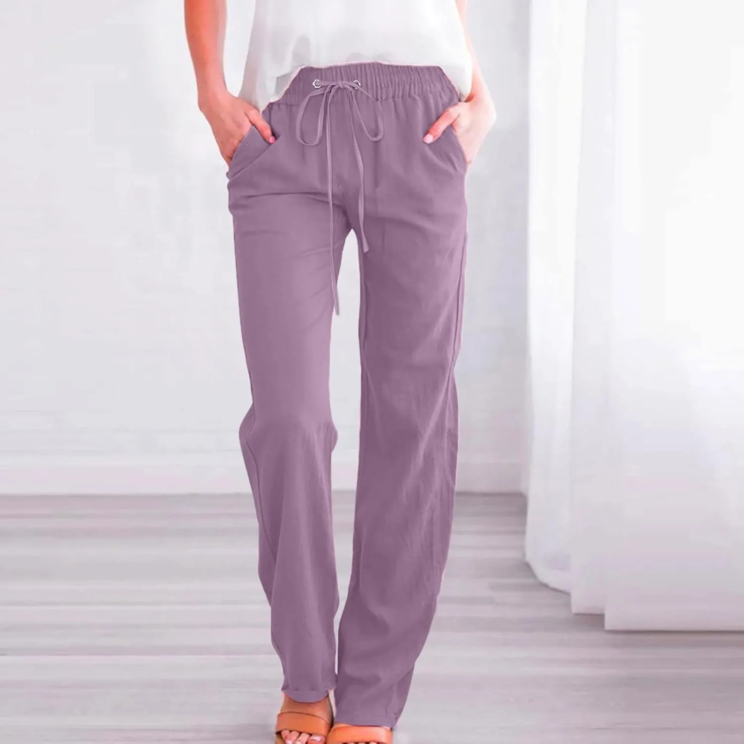 Womens Pants Dressy Casual 2024 Summer Drawstring Linen Pants Elastic Waist Trouser with Pockets Lounge Straight Pant