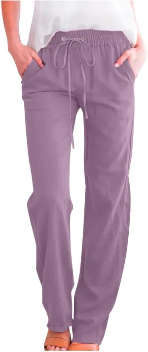 Womens Pants Dressy Casual 2024 Summer Drawstring Linen Pants Elastic Waist Trouser with Pockets Lounge Straight Pant