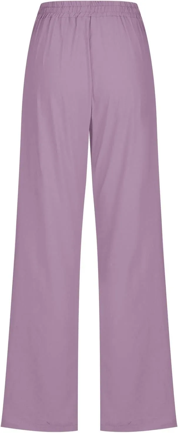 Womens Pants Dressy Casual 2024 Summer Drawstring Linen Pants Elastic Waist Trouser with Pockets Lounge Straight Pant
