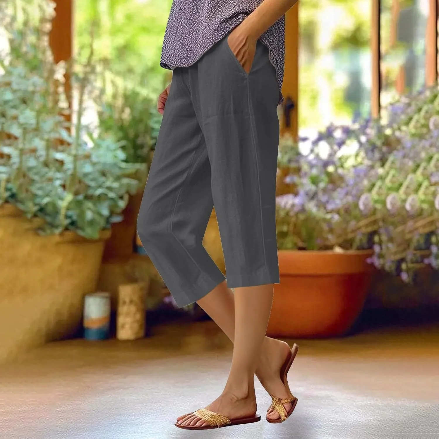 Women's Pants Elastic Waist Cotton Trouser Cropped Wide Leg Pants Petite on Casual Pants for Women