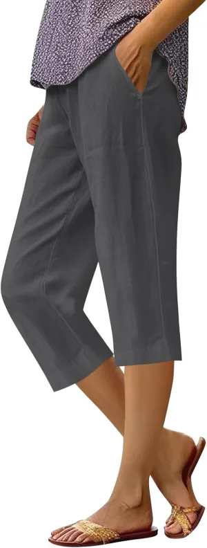 Women's Pants Elastic Waist Cotton Trouser Cropped Wide Leg Pants Petite on Casual Pants for Women