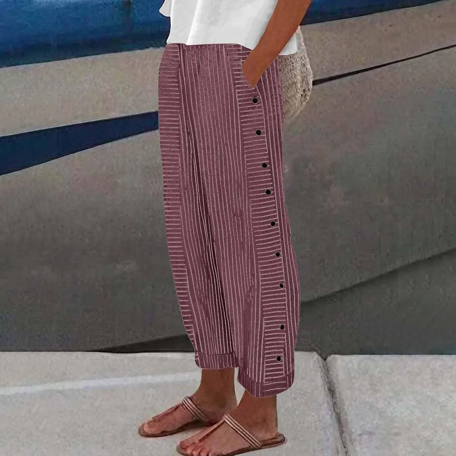 Womens Pants, Linen Print Straight Leg Peasant Pants Casual Cotton High Waist
