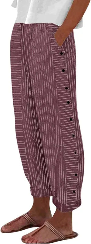 Womens Pants, Linen Print Straight Leg Peasant Pants Casual Cotton High Waist