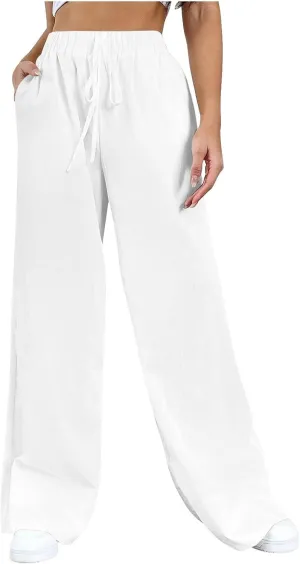 Women's Pants, Straight Leg Wide High Waisted Cotton Linen Pants Summmer Oversized