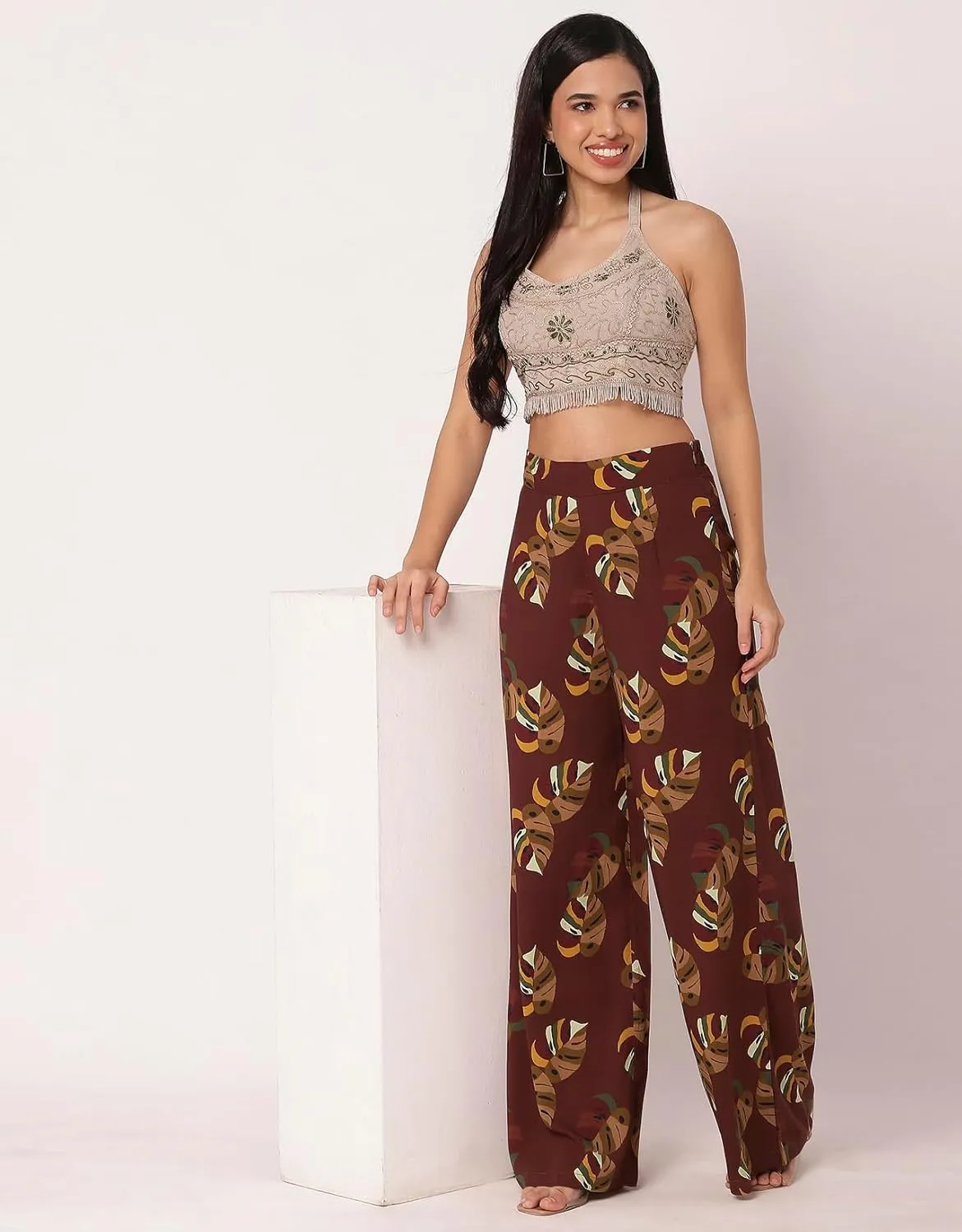 Women's Printed Palazzo Pants, High Waist Ankle Length Wide Leg Trousers