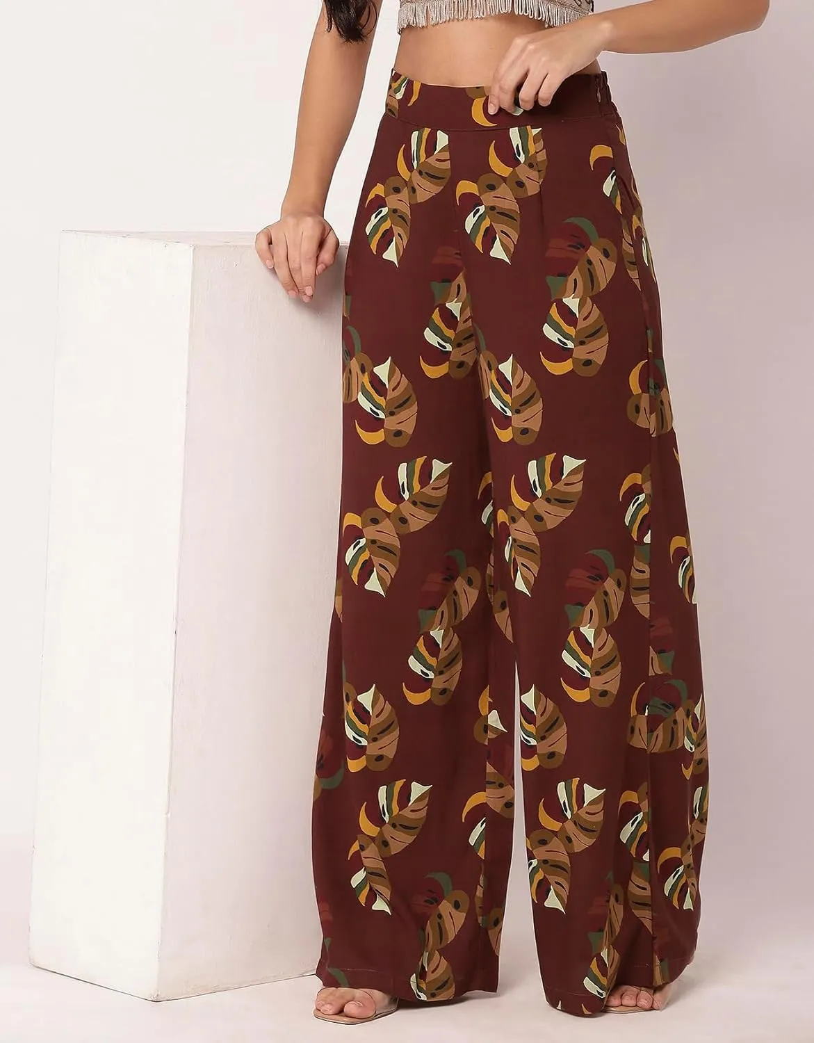 Women's Printed Palazzo Pants, High Waist Ankle Length Wide Leg Trousers