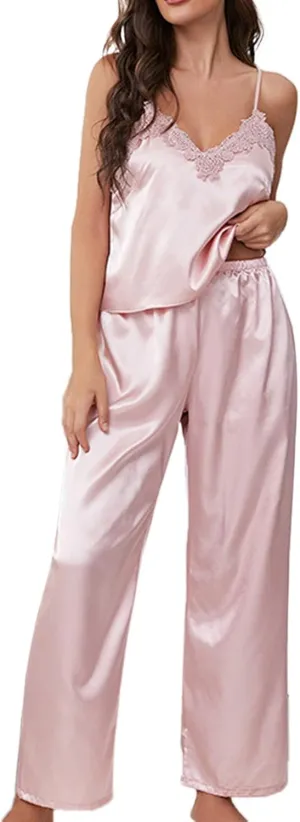 Women's Satin Sleeveless Pajamas Set Sexy Pj Sets V- Neck Lace Camisole Top and Long Pants 2 Piece Sleepwear