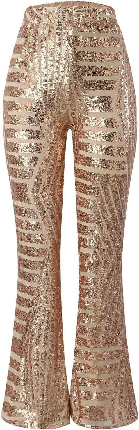 Women's Sequin Flared Pants Sparkly Glitter High Waist Wide Leg Flare Trousers Stretchy Trendy Bell Bottom Night Out Clubwear