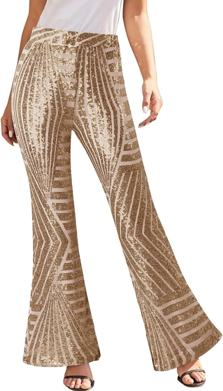 Women's Sequin Flared Pants Sparkly Glitter High Waist Wide Leg Flare Trousers Stretchy Trendy Bell Bottom Night Out Clubwear