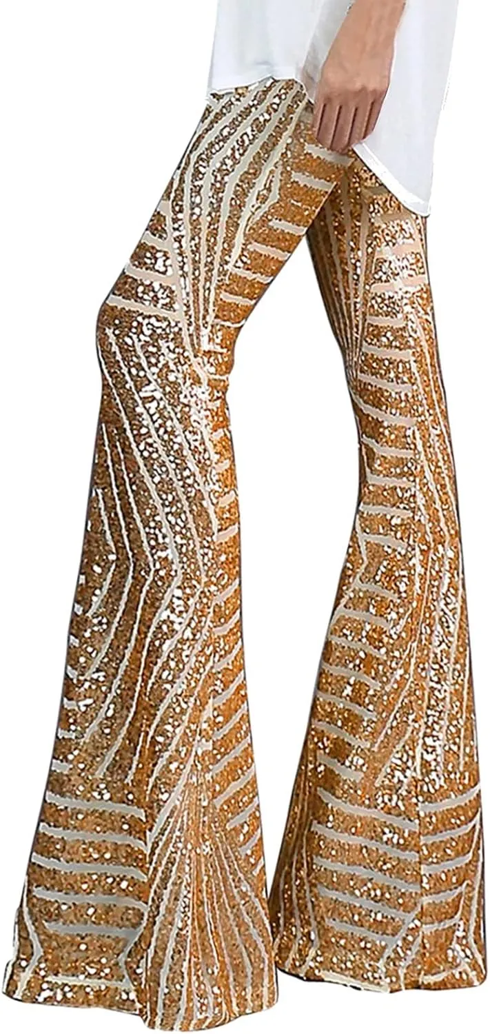 Women's Sequin Flared Pants Sparkly Glitter High Waist Wide Leg Flare Trousers Stretchy Trendy Bell Bottom Night Out Clubwear