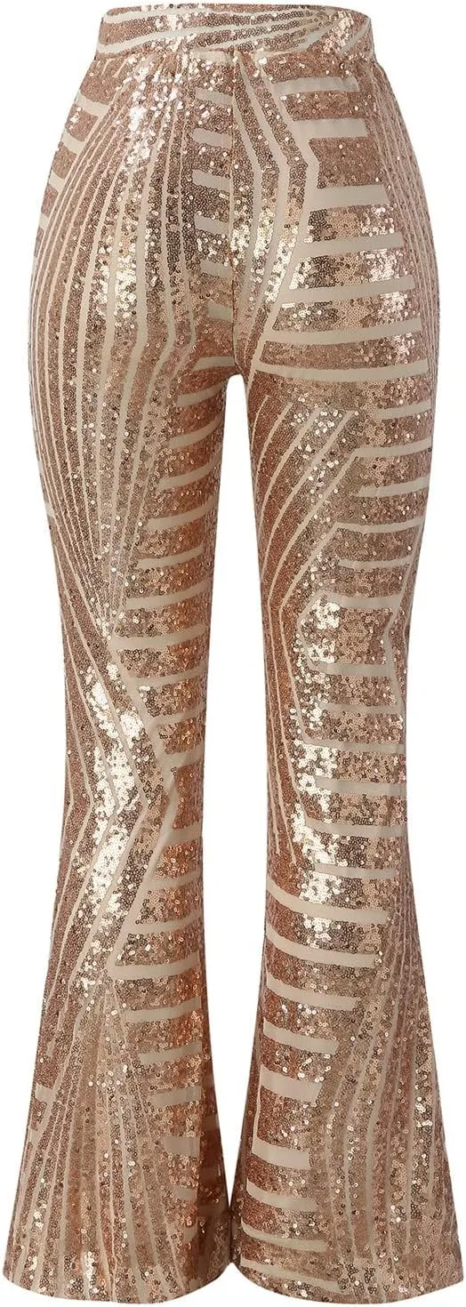 Women's Sequin Flared Pants Sparkly Glitter High Waist Wide Leg Flare Trousers Stretchy Trendy Bell Bottom Night Out Clubwear