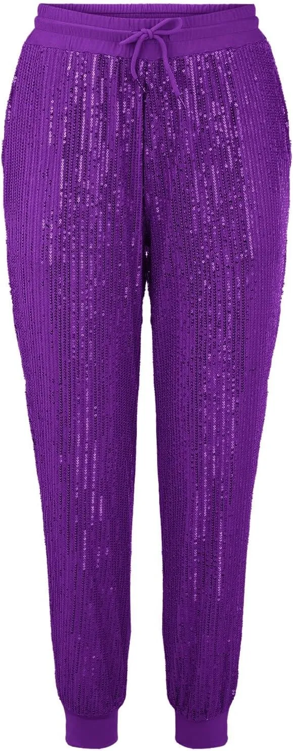 Womens Sequin Jogging Pants High Waist Drawstring Sweatpants Elastic Waist Loose Fit Shimmer Trousers with Pockets