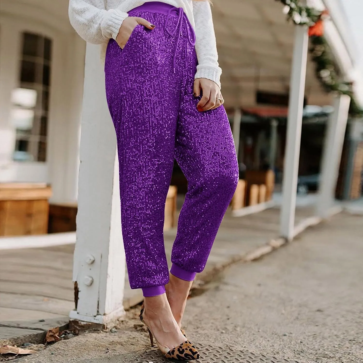Womens Sequin Jogging Pants High Waist Drawstring Sweatpants Elastic Waist Loose Fit Shimmer Trousers with Pockets