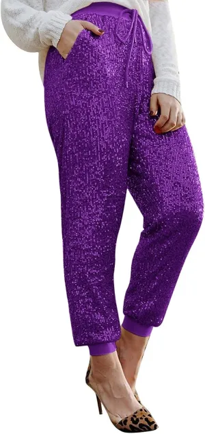 Womens Sequin Jogging Pants High Waist Drawstring Sweatpants Elastic Waist Loose Fit Shimmer Trousers with Pockets